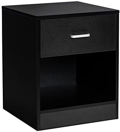 COSTWAY 2-Tier Nightstand, Wooden Bedside Table with Drawer & Open Component, Versatile Accent End Sofa Side Table for Bedroom, Living Room and Office (1, Black)