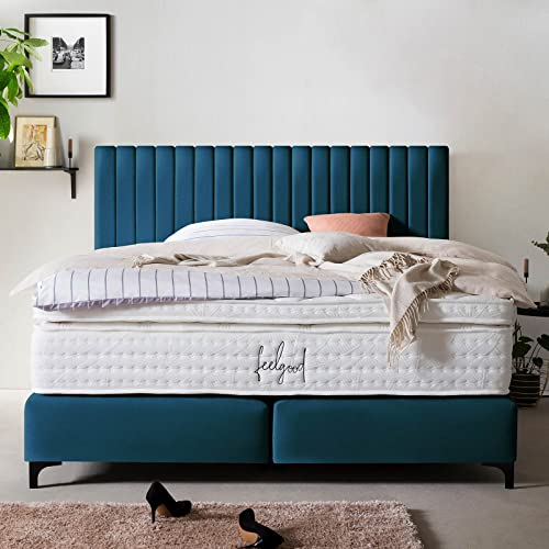 Boxspringbett Paris 180x200 Samt, ohne Visco-Topper, Pfeifensteppung, Hotelbett, ohne Bettkasten, 7 Zonen Taschenfederkern-Matratze, Aufbau KOSTENLOS (Petrol, 180x200 cm ohne Topper)