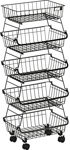 HOMCOM Panier de fruits et légumes avec roues, corbeille à fruits à 5 niveaux, support de rangement pour fruits avec roulettes, empilables, chariot de rangement pour cuisine en acier, 40 x 28 x 97 cm