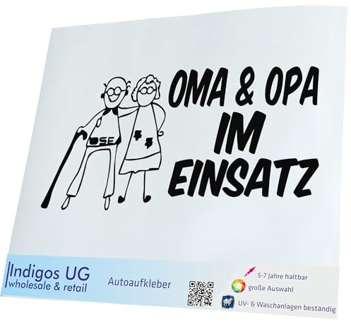 INDIGOS UG Auto Aufkleber Oma und Opa im Einsatz Kinder Boy Girl - 300x142mm schwarz - Selbstklebender Sticker für Auto, Fenster, Bus oder LKW - Tuning