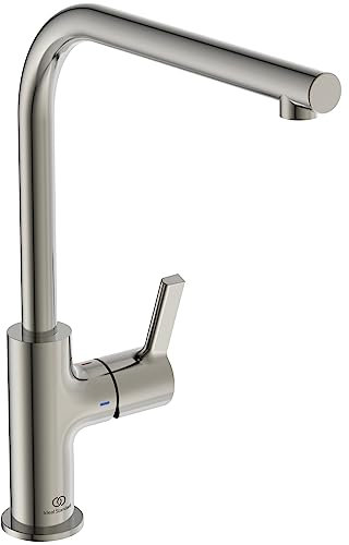 Ideal Standard – Gusto Küchenarmatur, Hoher L-Auslauf mit zylindrischem Querschnitt, mit FirmaFlow Kartusche, Schwenkbereich 360°, Schnellmontagesystem EasyFix+, Silver Storm