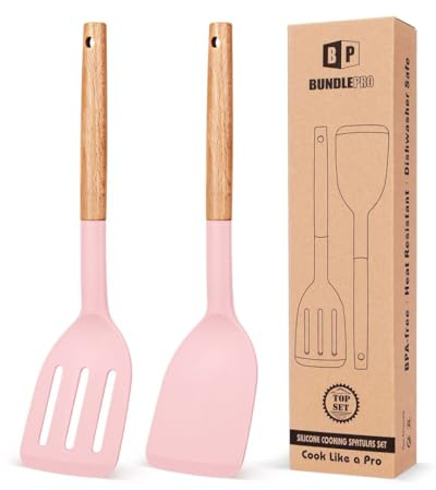 Pack of 2 Silicone Cooking Spatula, Heat Resistant Solid Turner, Non Stick Slotted Spatulas with Wooden Short Handle,Ideal Wood Kitchen Utensils Set for Frying, Baking, Flipping, Turning