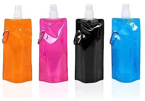 TSHAOUN 4 Piezas Plegable Bolsa de Agua de Plástico, Botellas de Agua Plegable, Portátil Bolsa de Agua, Botella de Agua Reutilizable, Flask Botella de Hidratación para Senderismo de Ciclismo (480ML)