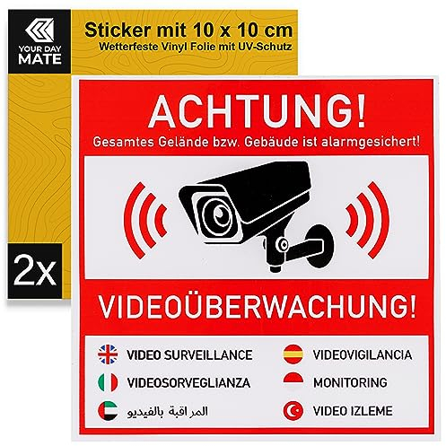 Aufkleber Set ACHTUNG! VIDEOÜBERWACHUNG!, 2 Stück, 10 x 10 cm, selbstklebende Folie, Warnhinweis Sticker Innen- und Außenbereich, Video Überwachung Klebesticker, Kamera Hinweisschild in 7 Sprachen