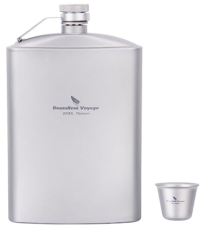 iBasingo 250ml Titanium Hip Flask with Funnel Cup Pocket Camping Outdoor Flat Alcohol Bottle Whisky Wine Pot Mug Travel Picnic Drinkware Ti3064D