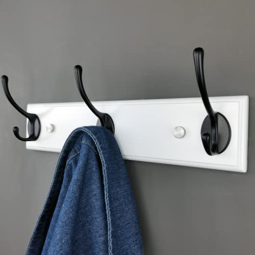 lomejii Porte-manteau mural en bois blanc avec 3 crochets noirs, 31 cm, patère murale pour manteau, chapeau, sac, grande portemanteau moderne pour bain enfants entrée, chambre à coucher
