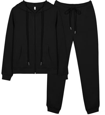 REORIA Damen Trainingsanzüge Warm Baumwolle Hausanzug Dicker Jogginganzug Set Langarmes Activewear Workout Set Sport Outfit Kapuzenpullover und lange Hose Schwarz M