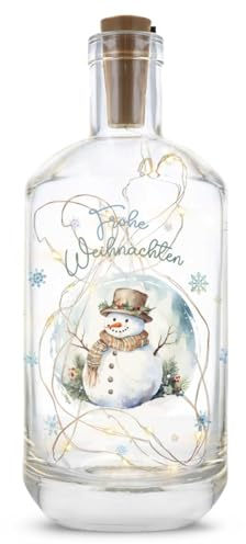 GRAVURZEILE Flaschenlicht mit UV Druck - Schneemann - LED - Mit Lichterkette - Weihnachtsdeko zum Verschenken - Persönliche Geschenke für Frauen & Männer - Geschenk zu Wichtel und Weihnachten