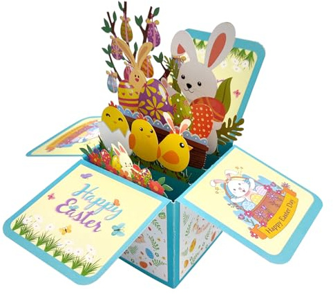 Bekecidi Ostern Pop Up Karte, 3D Papier Blumenkarte, Ostereierkarte mit Hasenblumen, 3D Pop Up Osterkarte mit Umschlägen für Kinder, Kinder, Familie und Freunde