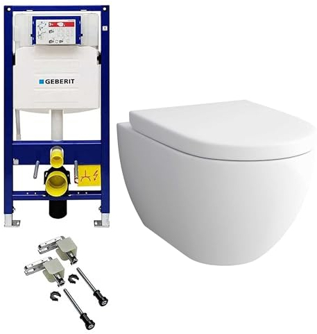 Alpenberger Moderne Toilette Bidet WC | Wand WC Spülrandlos mit WC Deckel | Badezimmer Set Kloschüssel mit Geberit WC Spülkasten und Bausatz | Vorwandelement WC Set Komplett mit Schallschutz