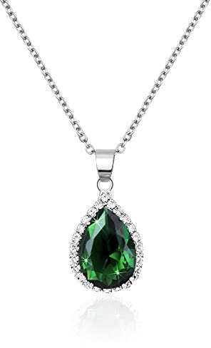Linawe Emerald Green Crystal Silver Necklace for Women Trendy, Imitation Diamond Pendant Chain Necklace, Cubic Zirconia Birthstone Rhinestone Teardrop Boho Jewellery Set