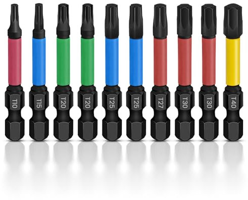 GALAMAX 10Pcs Screwdriver Bit Sets 50mm Torx Bit Set S2 Steel Heavy Duty Pozidriv Impact Driver Bit Set Long Security Star Screwdriver Set T10 T15 T20*2 T25*2 T27 T30*2 T40