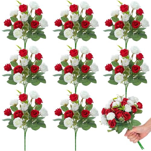 Zeyune 8 Bunches 12 in Artificial Mini Rose Bouquet Bridal Flower Bouquets Fake Roses Silk Roses for Home Office Garden Parties Wedding Christmas Decoration(Red and White)
