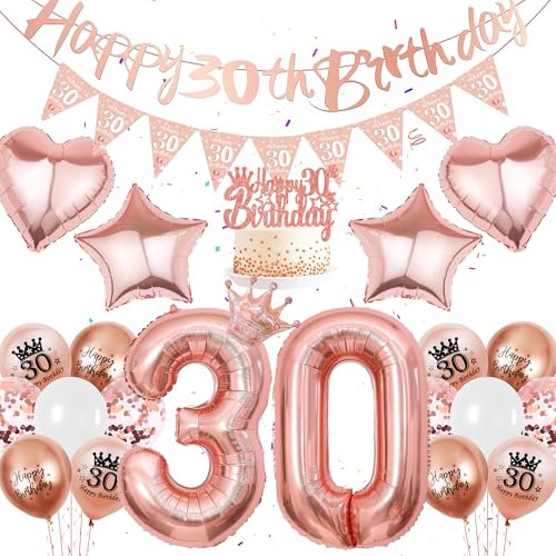 Rosegold 30. Geburtstag Deko Frauen - 34 Stück Roségold Party Deko, Happy Birthday Banner, Dreieckige Flagge Zahlenballon Kronen Liebesstern Ballon Kuchen Deko für 30-jährige Frauen Geburtstag Party