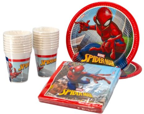 SPARKLERS CLUB Pack de fête Spiderman, Lot de 52 pièces, 16 assiettes, 16 gobelets, 20 serviettes, vaisselle jetable, vaisselle de fête, décoration de table, Spider-man