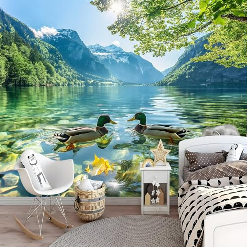 Papier Peint Intissé Canard nageant Poster Tableaux Vert Photo Muraux Utilisé Pour Salon Chambre Chambre D'Enfant Décoration Murale 350 x 256 cm