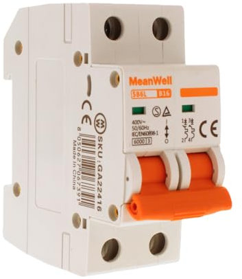 MeanWell Disjoncteur modulaire, Disjoncteur magnétothermique Courbe B, 2P 6kA, 2 modules DIN, Miniatures Circuit Breaker, MCB 2P B16 16A