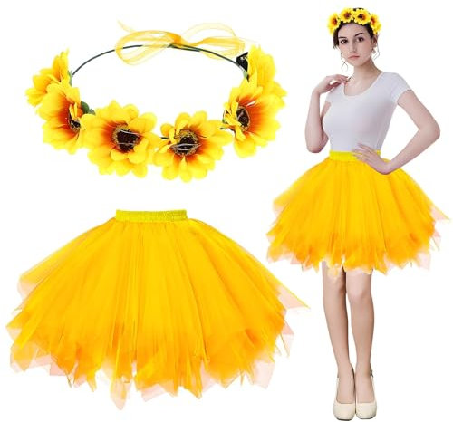 TaimeiMao Sonnenblumen Kostüm Damen 2 Stück, Tüllrock Gelb mit Leuchtendes Sonnenblumen Haarreif, Sonnenblumen Tüllrock Damen, Tütü Damen Gelb, Karneval Kostüm Tüllrock für Damen Mädchen