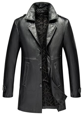 TINNYTT Veste en Cuir véritable pour Homme, Manteau d'automne et d'hiver à Revers, Veste Coupe-Vent, Coupe-Vent mi-Long, Manteau Chaud d'automne et d'hiver,Black-L
