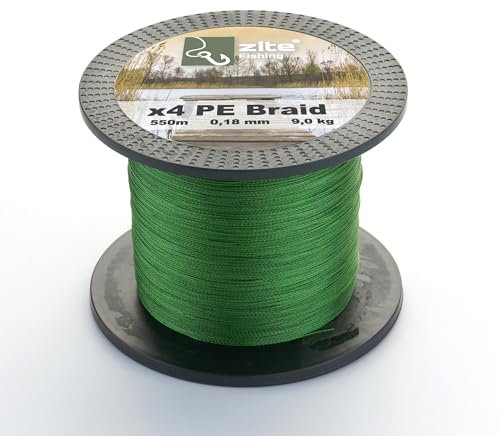 Zite Fishing Angelschnur Geflochten 4-Fach – Braided Line 4X PE 550m Spule – 0,14-0,30mm Angelsehne Geflechtschnur Grün (9,0 kg / 0,18 mm)