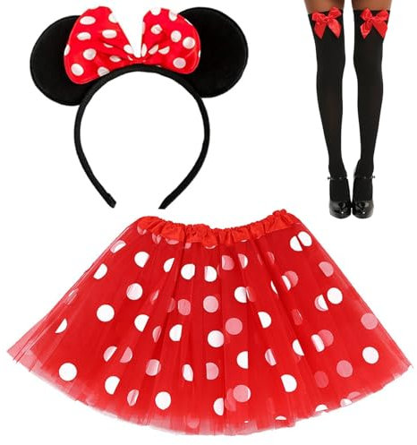 LIURFLNC Minnie Mouse Kostüm Damen, Mickey Mouse Kostüm Set mit Maus Ohren, Mini Maus Kostüm Damen, Mickey Maus Kostüm für Karneval Thema Party Cosplay Party Faschingskostüme