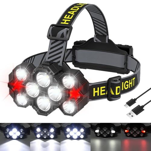 POCKETMAN Superheller 10 LED Stirnlampe,10 Modi Kopflampe,mit Rot Warnlicht,USB Wiederaufladbar für Arbeit,Camping,Wandern,Angeln,Fahrrad,joggen