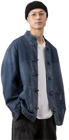 ESFHWYP Veste en jean pour hommes avec boutons de costume Tang de style chinois - Veste de robe-Blue-M