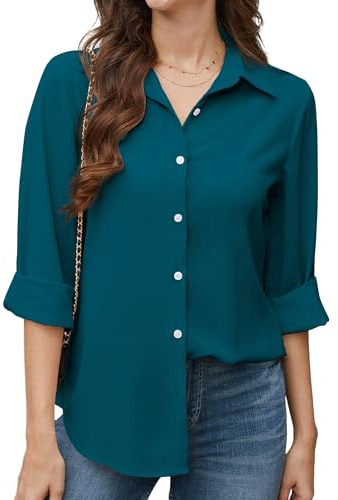 Stamain Blouses for Women Long Sleeve Chiffon Teal Blouse Tops Ladies Casual V Neck Button Down Business Office Shirt L