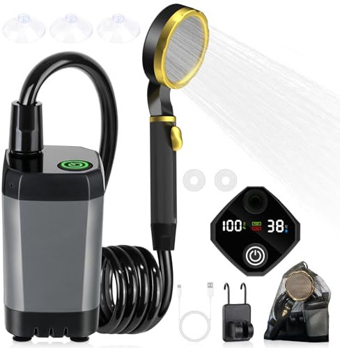 Trywise Douche Camping, Douche Portable7800 Mah, Pompe Rechargeable avec Affichage NuméRique Intelligent avec Affichage LED, Buse De Pommeau De Douche De Camping pour Camping, Douche De Camping