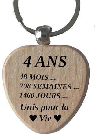 Porte-Clés en Bois Personnalisé Petit Cadeau pour Anniversaire de Mariage ou Anniversaire de Couple (4 ans)