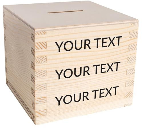 Creative Deco Holz Spardose Sparbüchse Personalisiert Geschenke Wunschtext | 9,5 x 9,5 x 9 cm (+/- 0,5 cm) | Dein Eigener Text Individuelles Geschenk Sparschwein Sparbox Holzbox | Rohes Kiefernholz