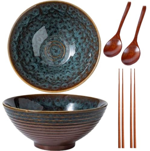 Sightday 2 * 1200ML Ramen Schüssel Set, Keramik, Ramen Bowl mit Ramenlöffel und Essstäbchen, Suppenschalen, für Nudeln, Suppe, Salat, Groß, Pfauenschwanz