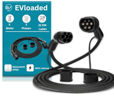 EVloaded | Type 2 to Type 2 EV Charging Cable | 32A, 3-Phase, 21kW – 5m | Waterproof IP66 | Charging Cable for Electric Cars