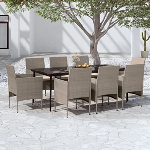Qnhdfrt Garten Essgruppe 9 teilig mit Kissen Beige Schwarz PE Rattan und pulverbeschichteter Stahl für Terrasse Balkon Garten