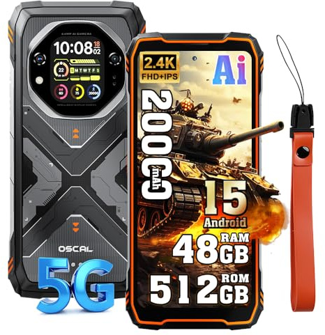 OSCAL Tank 1 (48Go+512Go) Téléphone Portable Incassable 5G, Android 15 Smartphone Débloqué, 64MP+50MP, 6.78 FHD+ Double écran, 20000mAh Smartphone Etanche IP68/IP69K, 4G/5G/NFC/OTG/GPS/FM, Orange