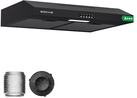 Soonye A+++ Dunstabzugshaube 60cm Unterbau,Umlufthaube Umluft mit Kohlefilter,Integrierte Unterschrank Unterbauhaube Abluft,3 Leistungsstufen Schwarz