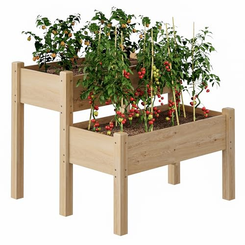 Garvee Potager sur Pieds à 2 Niveaux, Jardinières Surélevées en Bois avec Trous de Drainage pour Fleurs et Légume, 86 × 46 × 73 cm et 80 × 39 × 51 cm