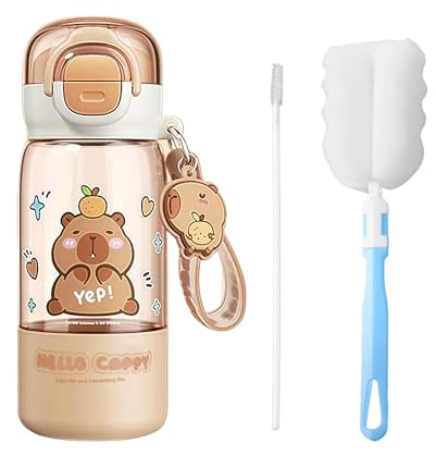 OuryTech Trinkflasche, Capybara Botella Infantil con Tapa y Llavero, a Prueba de Fugas, Pajita de Silicona, 420ml para niñas y niños