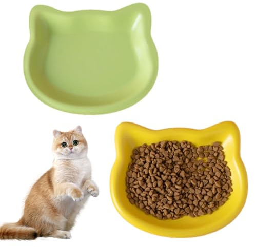 Larfraecy 2 Pack Cat Bowls Whisker Friendly,Flat Wide Food Dishes Shallow Cat Bowl,Non-Slip Plates Cats Dishes for Dry and Wet Food&Water,Dishwasher Safe Kitten Bowls for Indoor Cats(Random 2 Colors)