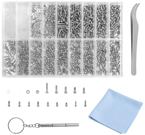 XRVRILE 1000 PCS Kit de réparation pour lunettes, mini vis avec pince, tournevis et chiffon vis pour lunettes de vue pour lunettes pour différents types de montures et de plaquettes nasales