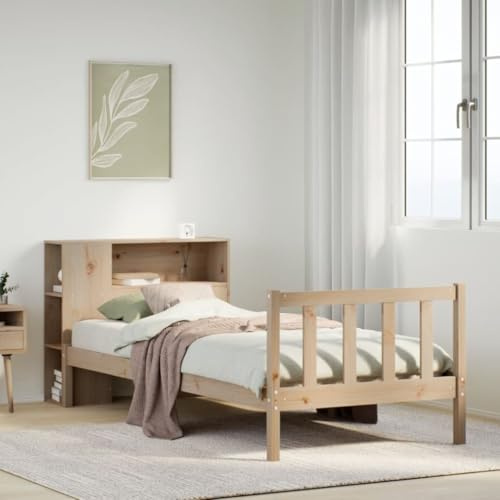 Yunovire Massivholzbett Kiefer mit integriertem Regal, 100x200 cm, unbehandeltes Bettgestell, Lattenrost, Stauraum für Bücher, modernes Schlafzimmer Möbel