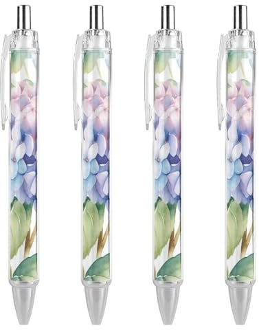 RTFGHJS Hydrangea Watercolor Ballpoint Pens Retractable Ball Point Pens Smooth 0.5mm Medium Writing Pen Black Ink Pen for Men Women 4 PCS