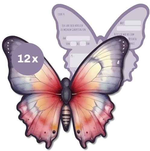 FLYERALARM Schmetterling Einladungskarten Kindergeburtstag I 12 bunte Geburtstagseinladungen für Mädchen und Jungen (16,5cm x 15cm) Starkes mattes Papier mit fröhlichen Motiven für Kinder