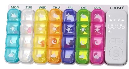 Electronic Pill Box Dispenser Reminder 7 Days Week | Smart Alarm and LED Display | Light, Sound and Vibration | LED-Timer | 7 Easy to Open Coloured Containers | 28 compartments | English Design