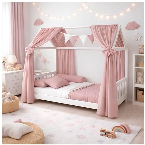 Generisch Baby Delux Hausbett Himmel Betthimmel aus Musselin 2-teilig 160x300 cm 2 Stück für Kinderbett Babybett Hausbett mit Schleife Deko Himmel für Mädchen und Jungen (Rosa)
