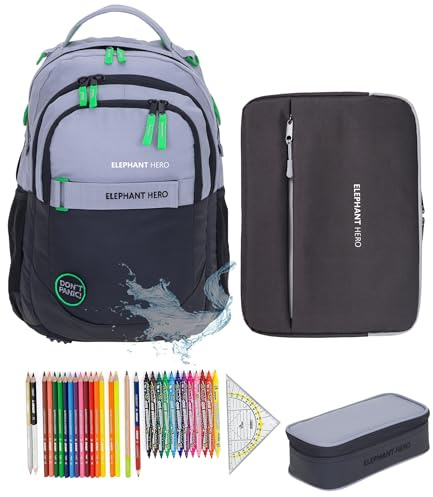 Elephant Schulrucksack Hero 4 Teile Set 13047 Color Block Grau Grün +rmlv | Schulrucksackset Rucksack Schulmappe Laptopsleeve Mäppchen Box 31 Teile Stifte