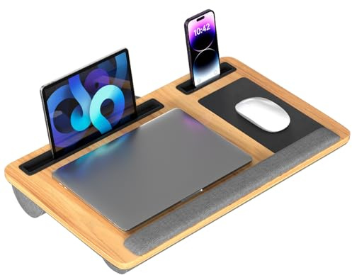 Laptopkissen für Schoß, Bett & Sofa, Laptoptisch mit Kissen, Mauspad, Handyhalter, Handgelenkauflage & Tragegriff, Laptopunterlage bis 17 Zoll, 55,5 x 34,5 x 7 cm, Nussbaum-Holzoptik