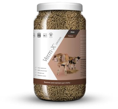 Verm-X Original All Natural Pellets for Pigs. Approved for Use on Organic Farms. Supports Intestinal Hygiene. Vet Approved. Restores and maintains Gut Vitality. Wormwood Free Recipe.