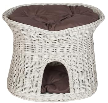 Damian-Wiklina Katzenkorb zum Schlafen – Katzenhütte Indoor – Größe L: 60 cm oval – Katzenhöhle aus Weide – Zweistöckiger Hunde – oder Katzenbett mit waschbaren Kissen in Brown – Weiße korbfarbe