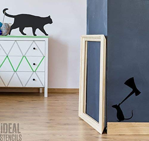 CHAT & SOURIS AVEC HACHE Maison de pochoir peinture décore mural murs tissu et meuble intérieur extérieur usage - semi transparent pochoir, SIZE 1 - See Images